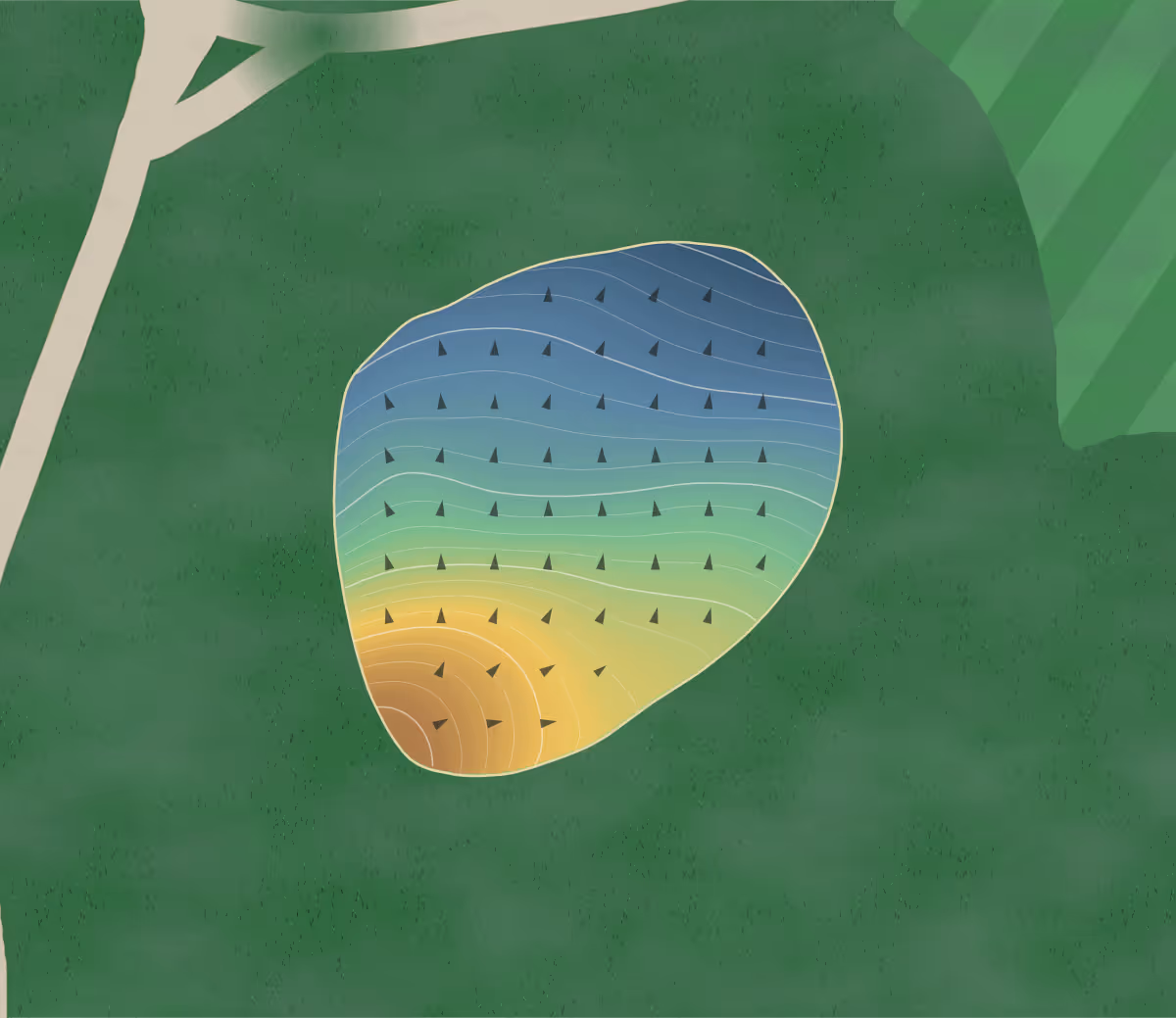 Green contour map of The Mastodon GC in Heath, Ohio: 132 elevation contours at a 3-inch interval with fall-line arrows, traced from 1-meter lidar