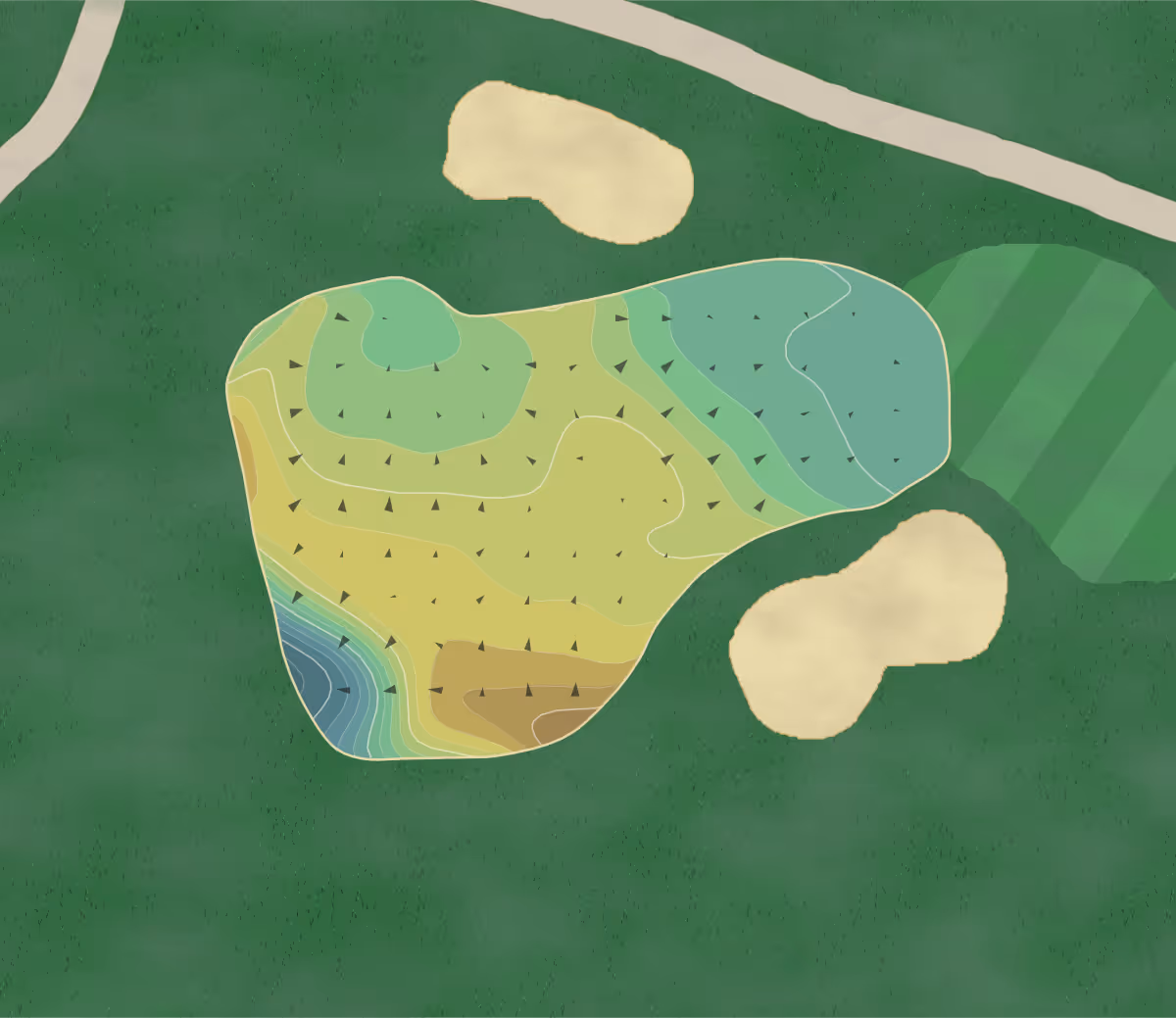 Green contour map of The Meadows in Michigan, United States — 189 elevation contours at a 3-inch interval with fall-line arrows, traced from 1-meter lidar