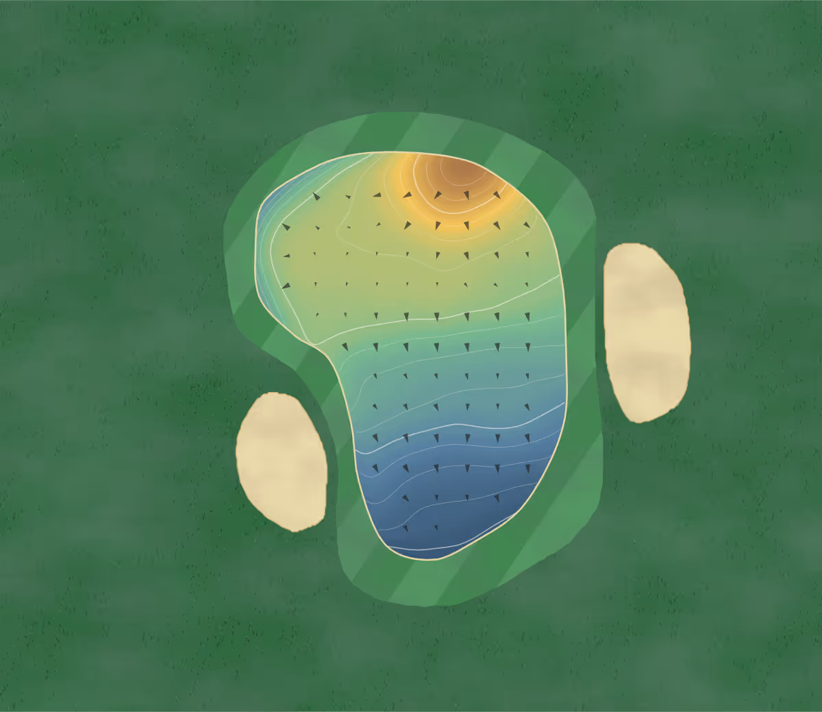 Green contour map of Meadows in Navan, Canada — 89 elevation contours at a 8-centimeter interval with fall-line arrows, traced from 1-meter lidar