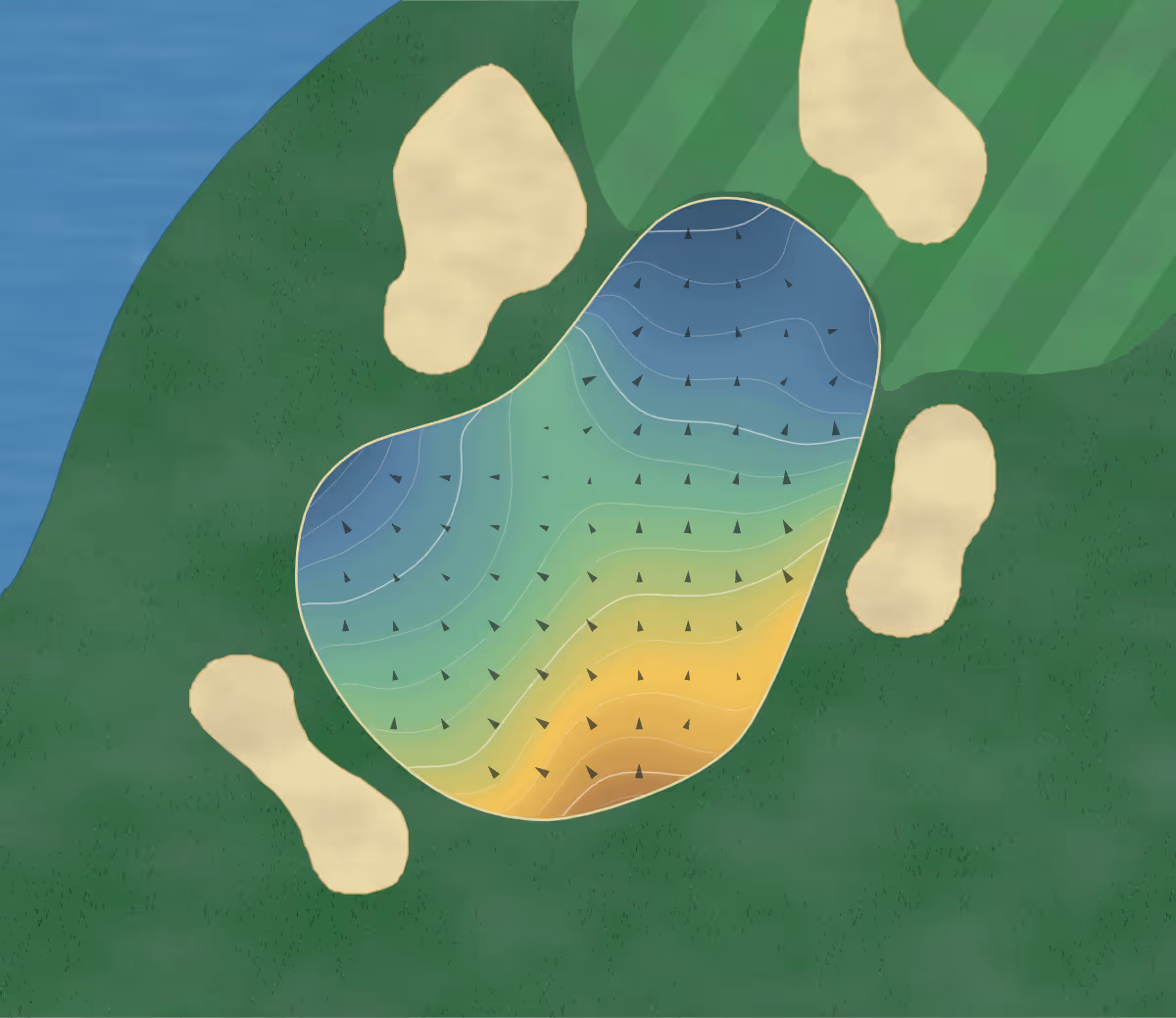 Green contour map of Moorings Y&CC in Vero Beach, Florida — 162 elevation contours at a 3-inch interval with fall-line arrows, traced from 1-meter lidar