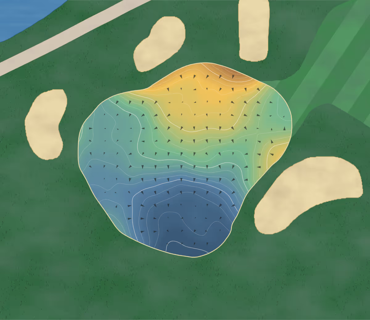 Green contour map of The Myth in Grand Blanc, Michigan: 227 elevation contours at a 3-inch interval with fall-line arrows, traced from 1-meter lidar