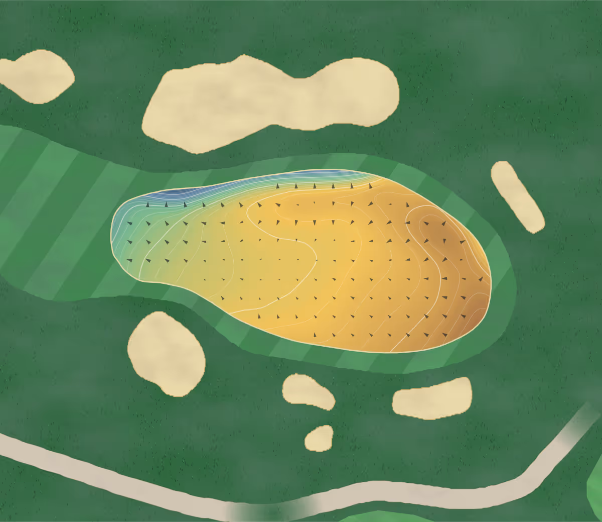 Green contour map of Woodhall Spa in Woodhall Spa, England: 215 elevation contours at a 8-centimeter interval with fall-line arrows, traced from 1-meter lidar