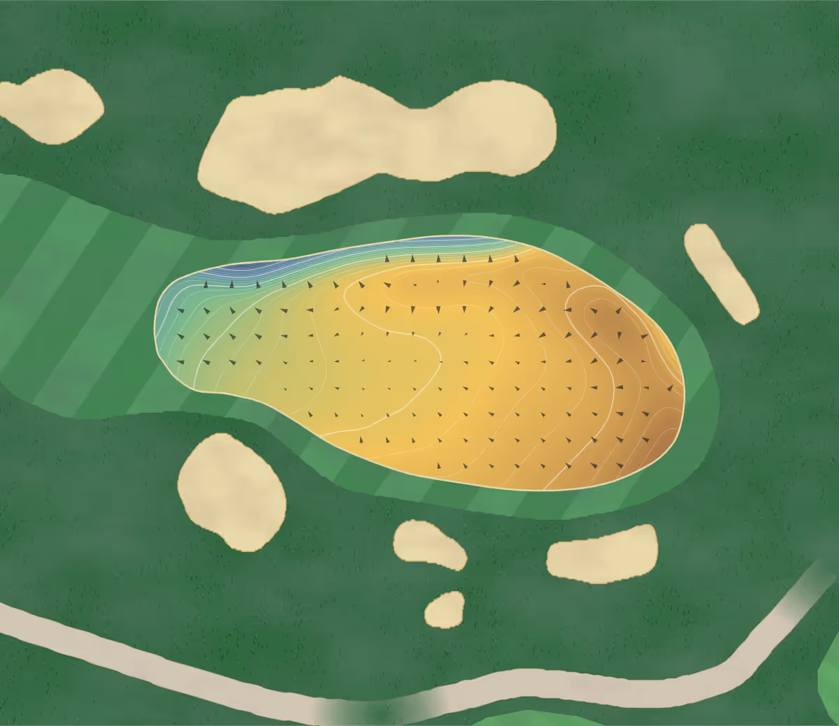 Green contour map of Woodhall Spa in Woodhall Spa, United Kingdom — 215 elevation contours at a 8-centimeter interval with fall-line arrows, traced from 1-meter lidar