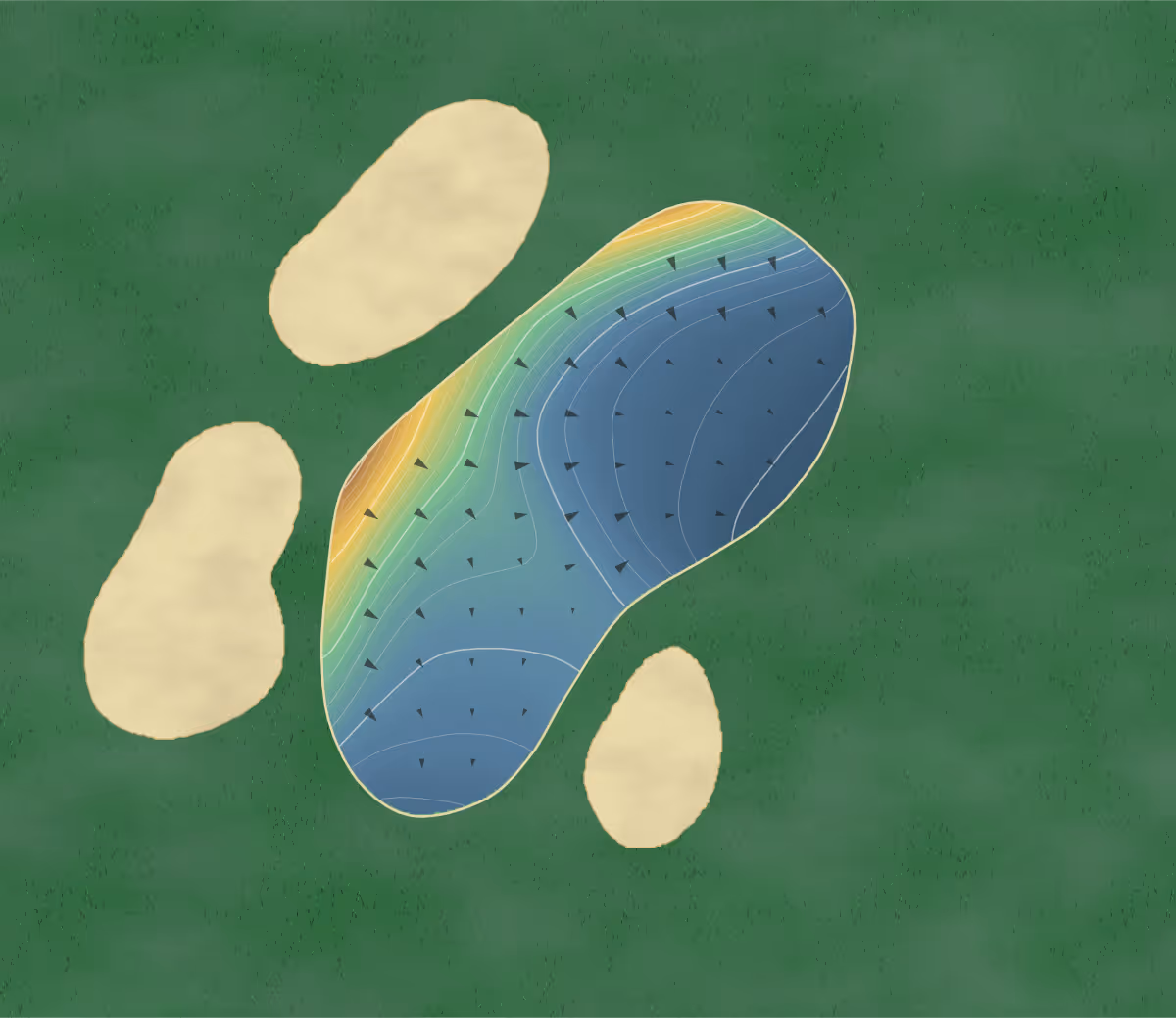 Green contour map of The Oaks Club in Osprey, Florida: 81 elevation contours at a 3-inch interval with fall-line arrows, traced from 1-meter lidar