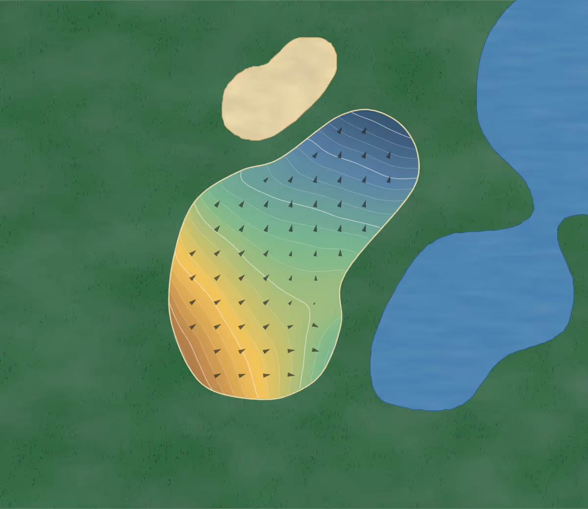 Green contour map of The Oaks in Middletown, Missouri: 254 elevation contours at a 3-inch interval with fall-line arrows, traced from 1-meter lidar