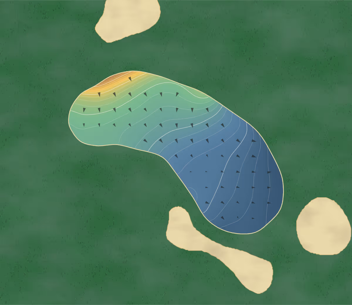 Green contour map of Oasis - Palmer Course in United States — 212 elevation contours at a 3-inch interval with fall-line arrows, traced from 1-meter lidar