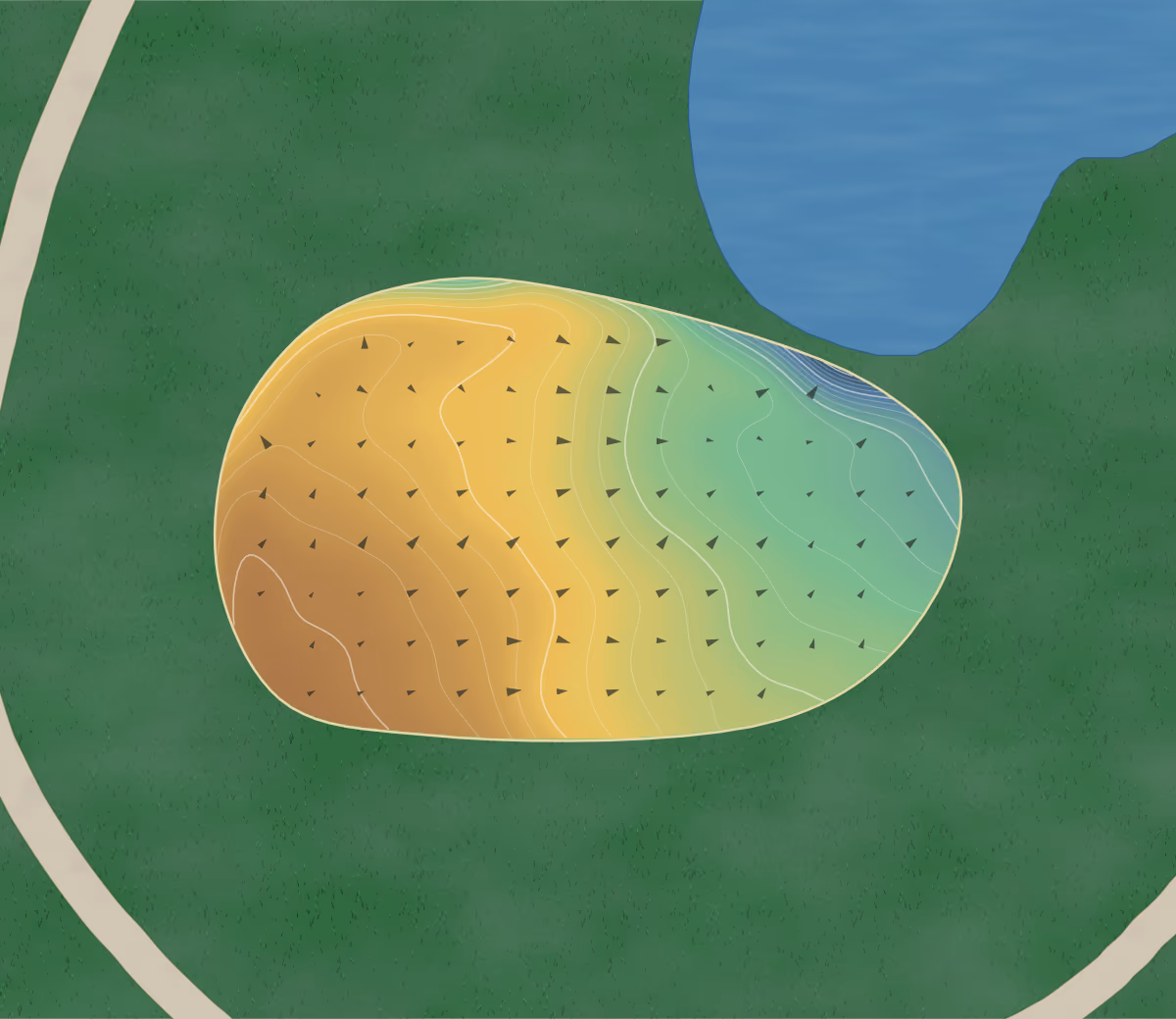 Green contour map of The Oconee in Greensboro, Georgia: 199 elevation contours at a 3-inch interval with fall-line arrows, traced from 1-meter lidar