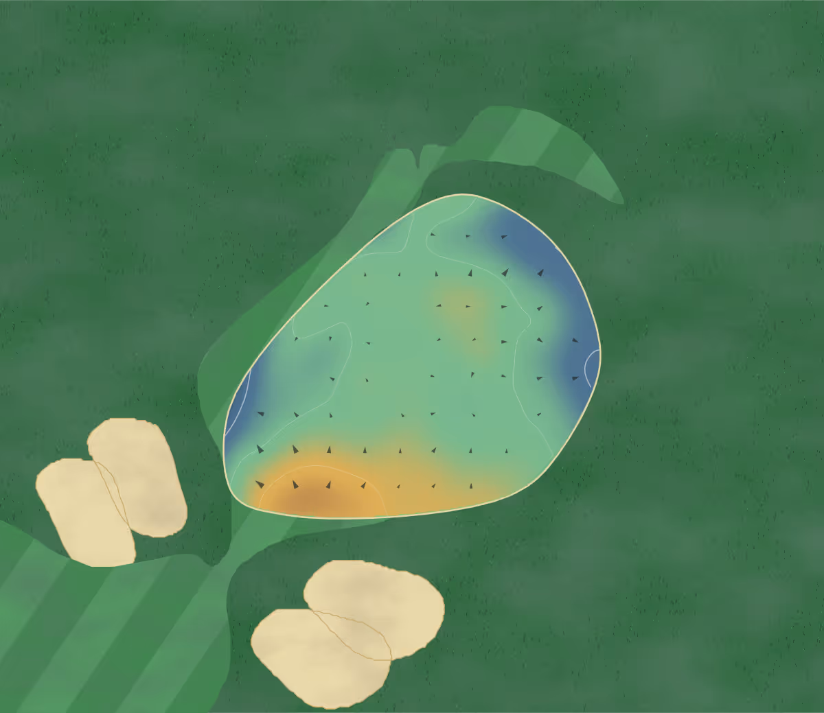 Green contour map of The Orchards in Clacton-on-Sea, England: 26 elevation contours at a 8-centimeter interval with fall-line arrows, traced from 1-meter lidar