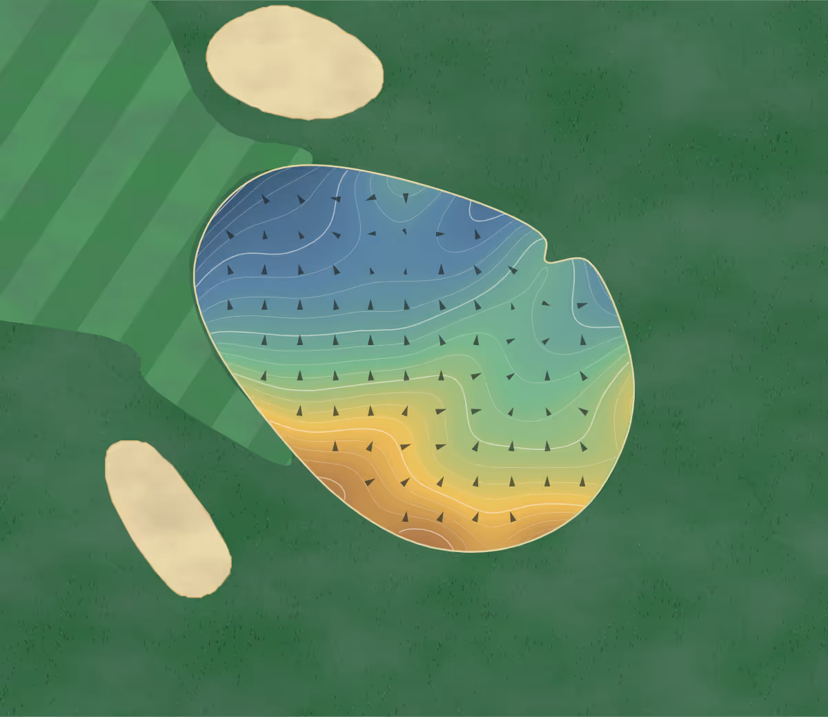 Green contour map of Pennhills Club in Bradford, Pennsylvania — 221 elevation contours at a 3-inch interval with fall-line arrows, traced from 1-meter lidar