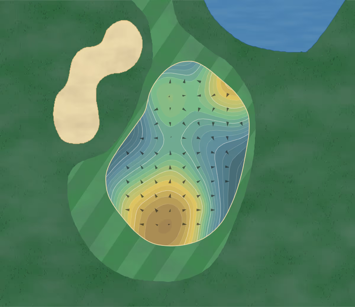 Green contour map of The Phoenician in Scottsdale, Arizona — 127 elevation contours at a 3-inch interval with fall-line arrows, traced from 1-meter lidar