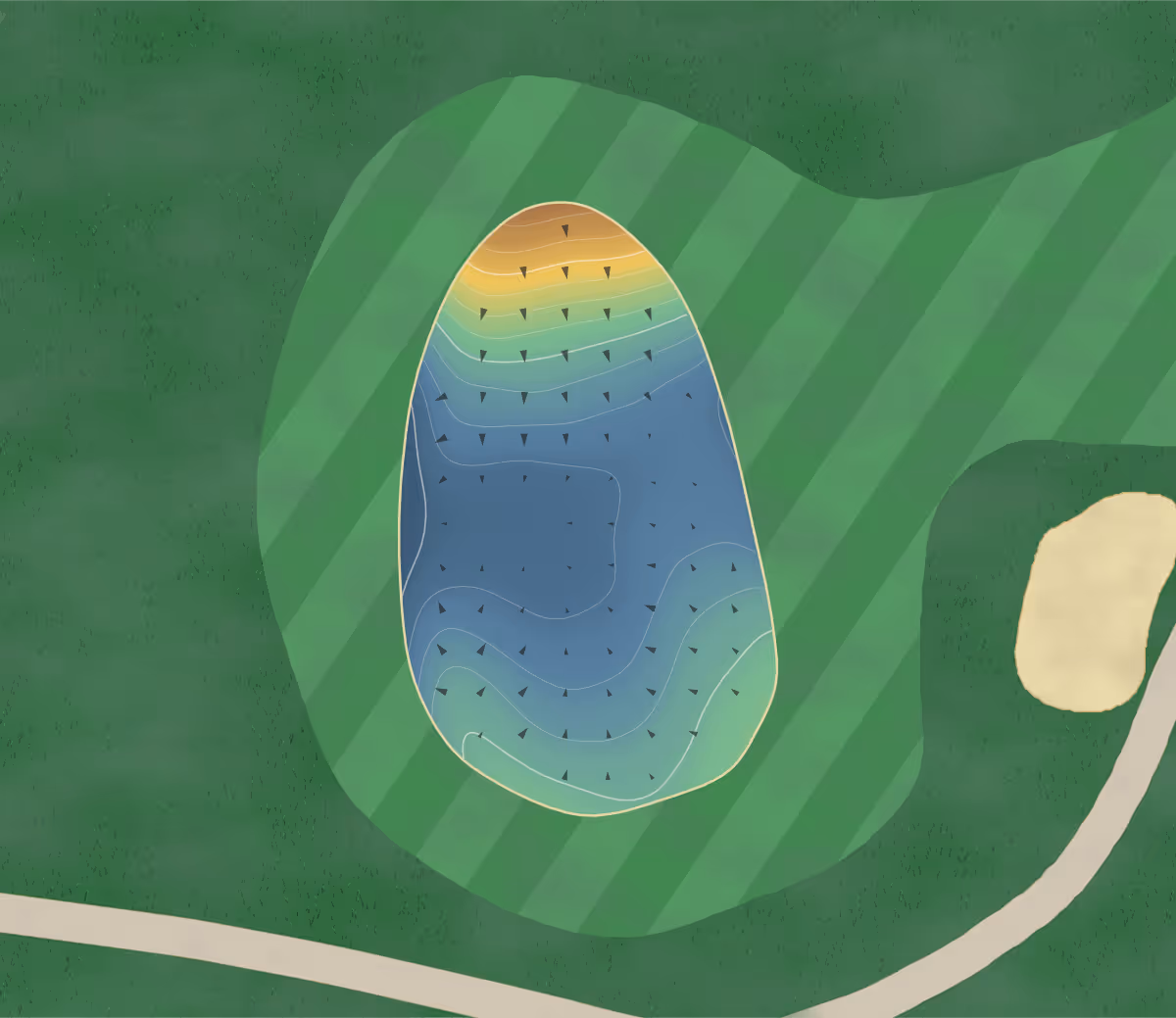 Green contour map of Pointe Golf & Event in United States — 78 elevation contours at a 3-inch interval with fall-line arrows, traced from 1-meter lidar