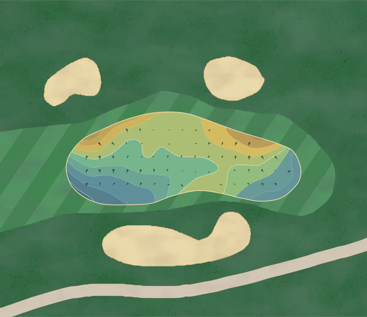 Green contour map of The Polo Fields in Ann Arbor, Michigan — 22 elevation contours at a 3-inch interval with fall-line arrows, traced from 1-meter lidar