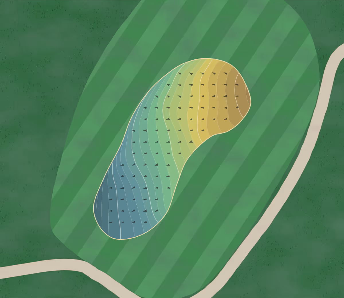 Green contour map of The Ponds in St. Francis, Minnesota — 308 elevation contours at a 3-inch interval with fall-line arrows, traced from 1-meter lidar