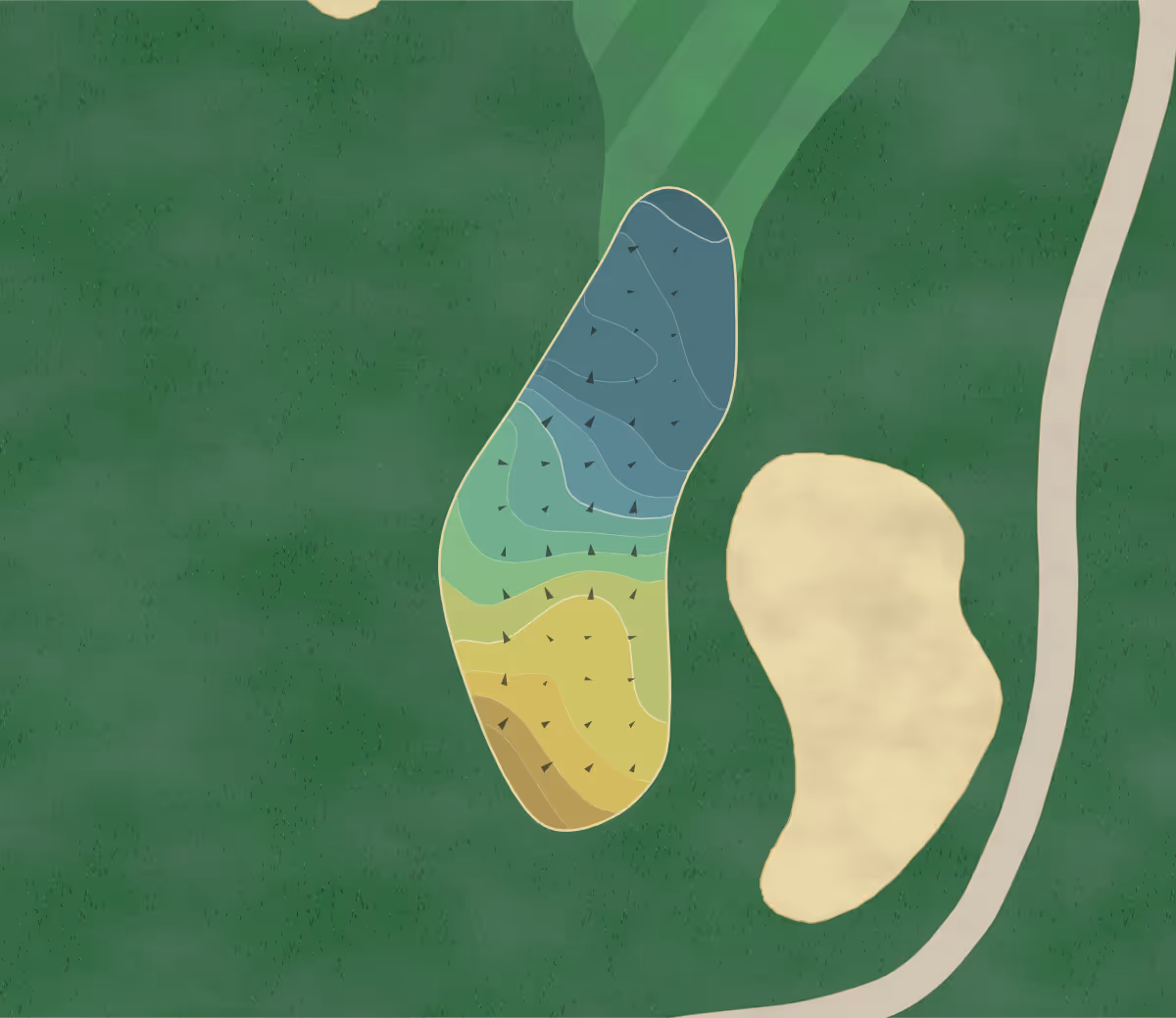 Green contour map of The Quarry in La Quinta, California — 36 elevation contours at a 3-inch interval with fall-line arrows, traced from 1-meter lidar