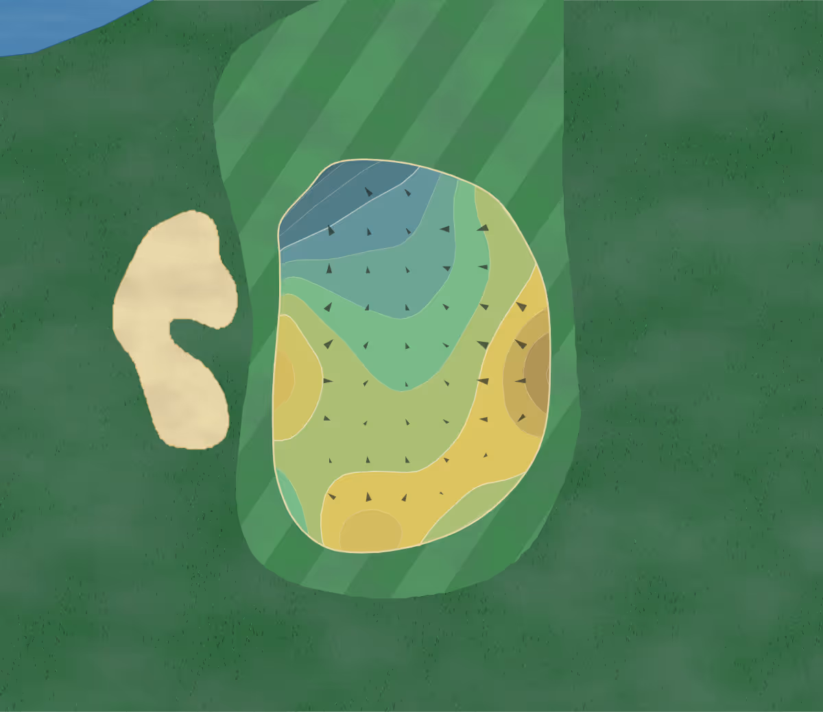 Green contour map of The Ranch at Laguna Beach in Laguna Beach, California — 91 elevation contours at a 3-inch interval with fall-line arrows, traced from 1-meter lidar