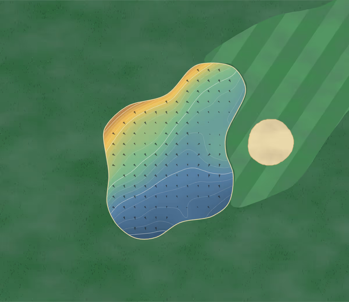 Green contour map of The Ranch in Edmonton, Canada: 197 elevation contours at a 8-centimeter interval with fall-line arrows, traced from 1-meter lidar