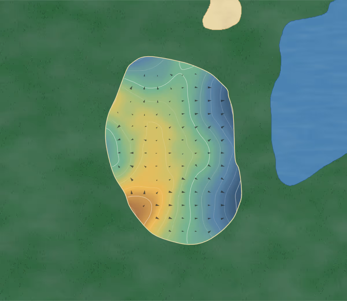 Green contour map of Reserve in Pawleys Island, South Carolina — 105 elevation contours at a 3-inch interval with fall-line arrows, traced from 1-meter lidar