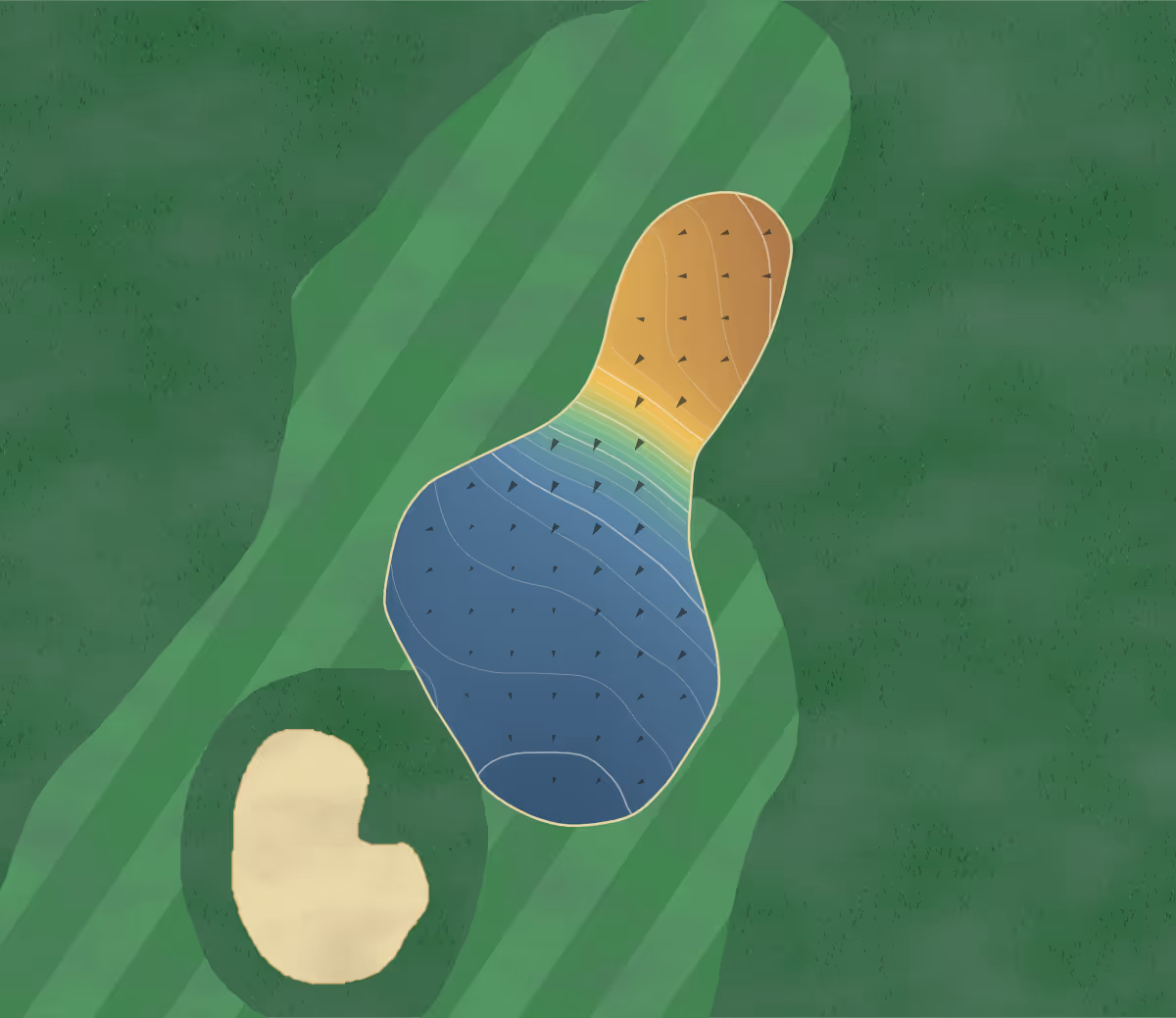 Green contour map of The Resort At Glade Springs Stonehaven in Daniels, West Virginia — 203 elevation contours at a 3-inch interval with fall-line arrows, traced from 1-meter lidar
