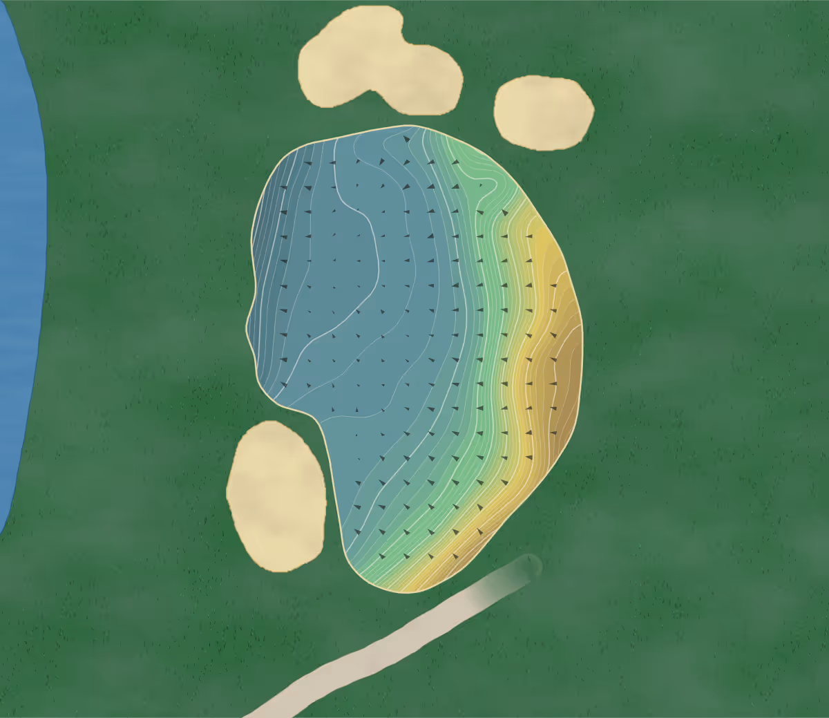 Green contour map of Retreat in Manistee, Michigan — 354 elevation contours at a 3-inch interval with fall-line arrows, traced from 1-meter lidar