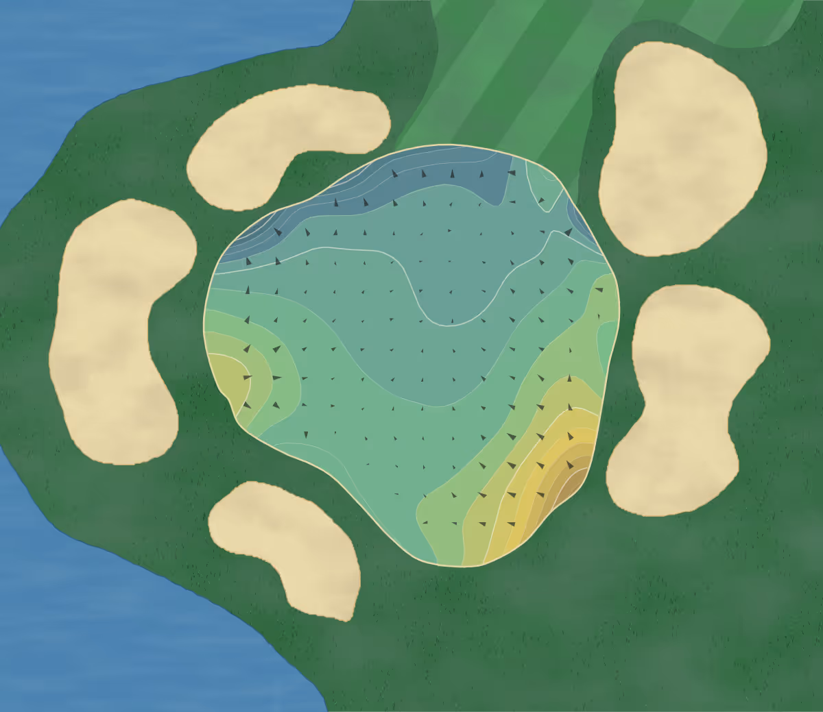 Green contour map of Revenge in Manistee, Michigan — 15 elevation contours at a 3-inch interval with fall-line arrows, traced from 1-meter lidar
