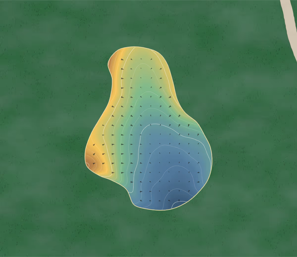 Green contour map of The Ridge in Sioux Center, Iowa — 169 elevation contours at a 3-inch interval with fall-line arrows, traced from 1-meter lidar
