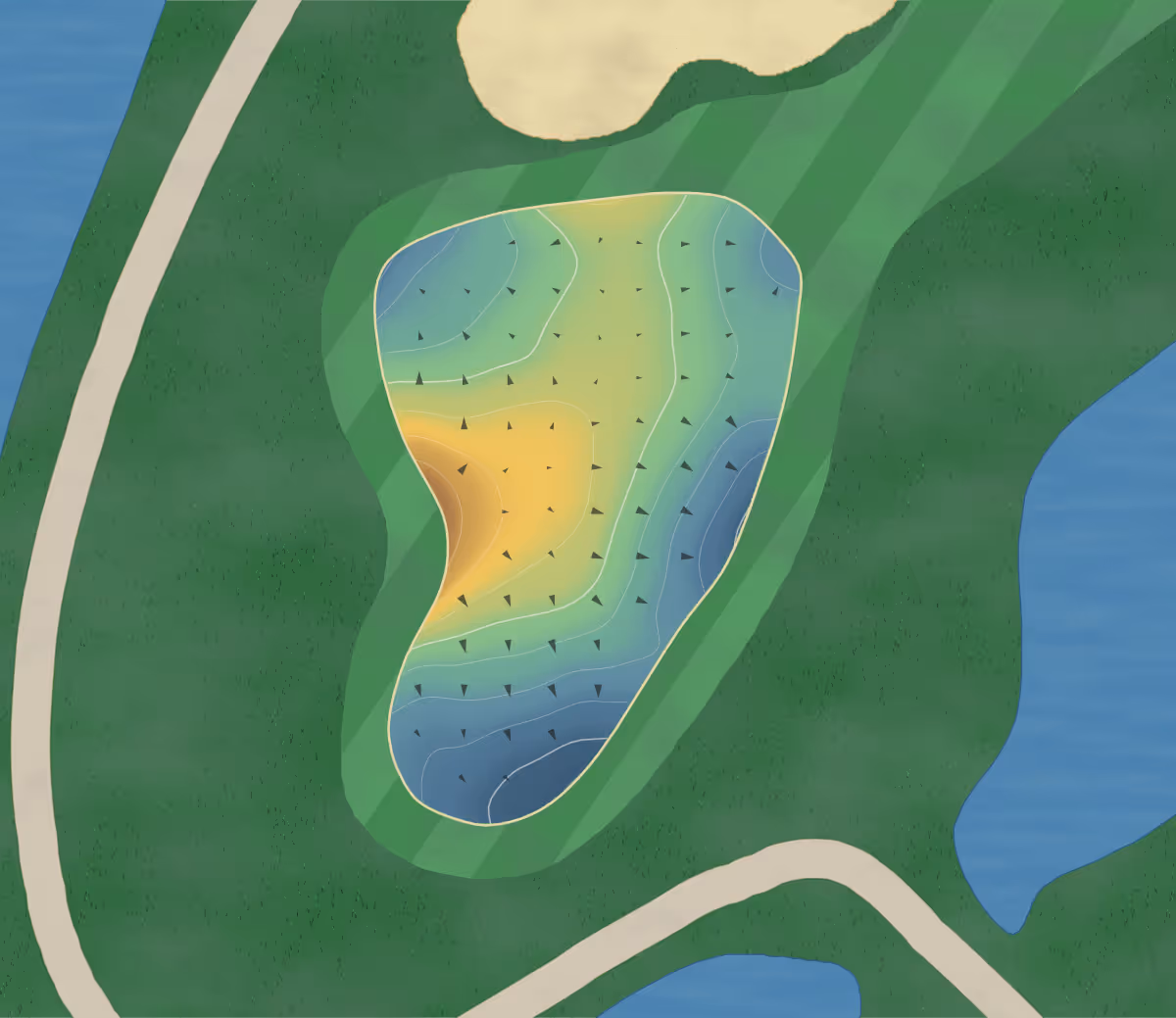 Green contour map of River Club in Pawleys Island, South Carolina — 138 elevation contours at a 3-inch interval with fall-line arrows, traced from 1-meter lidar