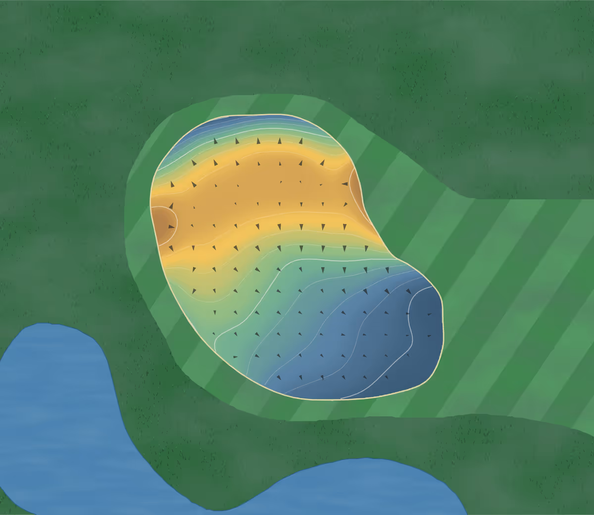Green contour map of River in International Falls, Minnesota — 160 elevation contours at a 3-inch interval with fall-line arrows, traced from 1-meter lidar