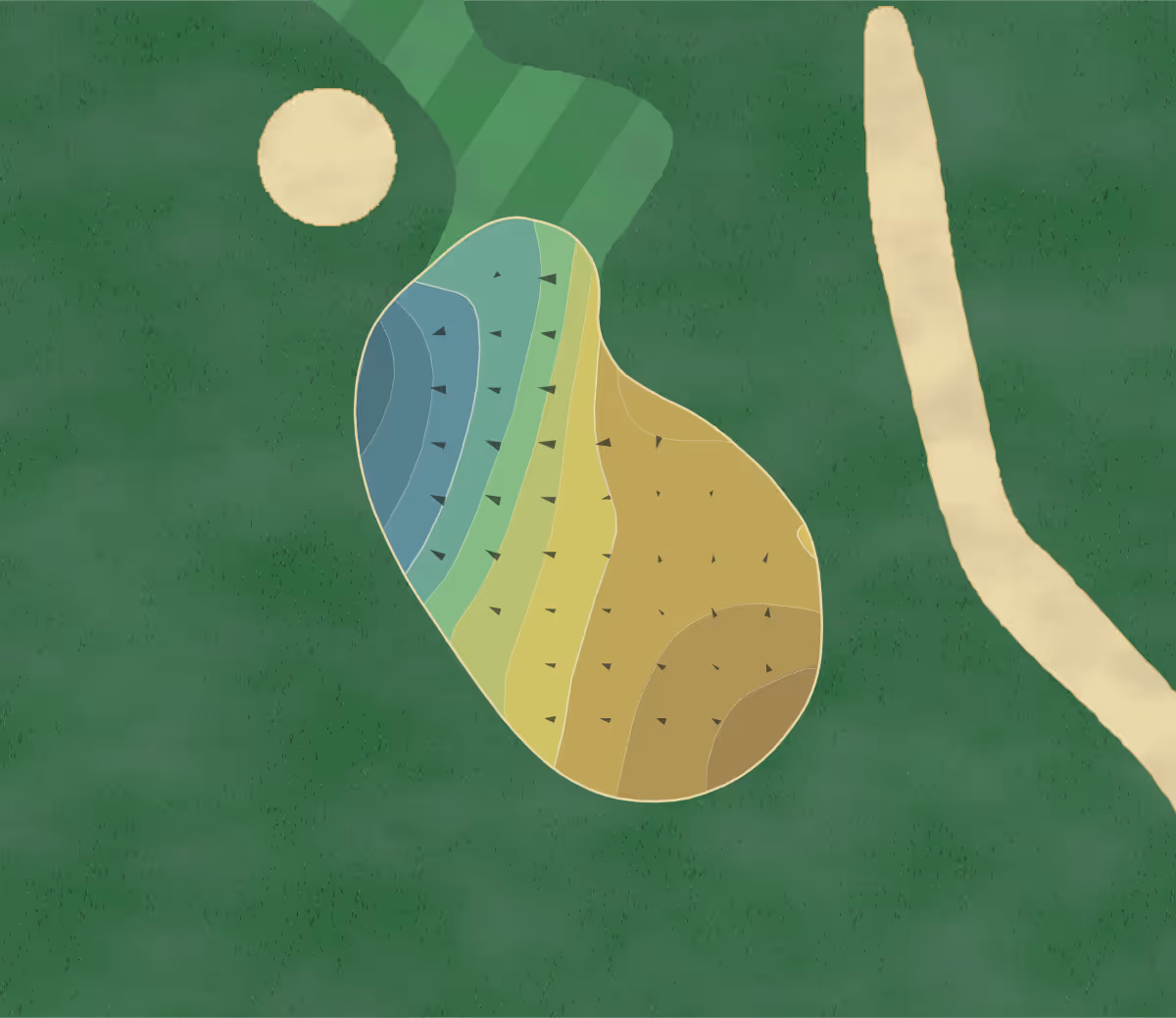 Green contour map of The Sanctuary Golf Club in Sanibel Island, Florida — 70 elevation contours at a 3-inch interval with fall-line arrows, traced from 1-meter lidar