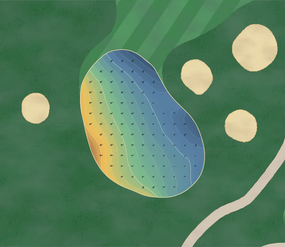 Green contour map of The Sanctuary in Painesville, Ohio — 164 elevation contours at a 3-inch interval with fall-line arrows, traced from 1-meter lidar