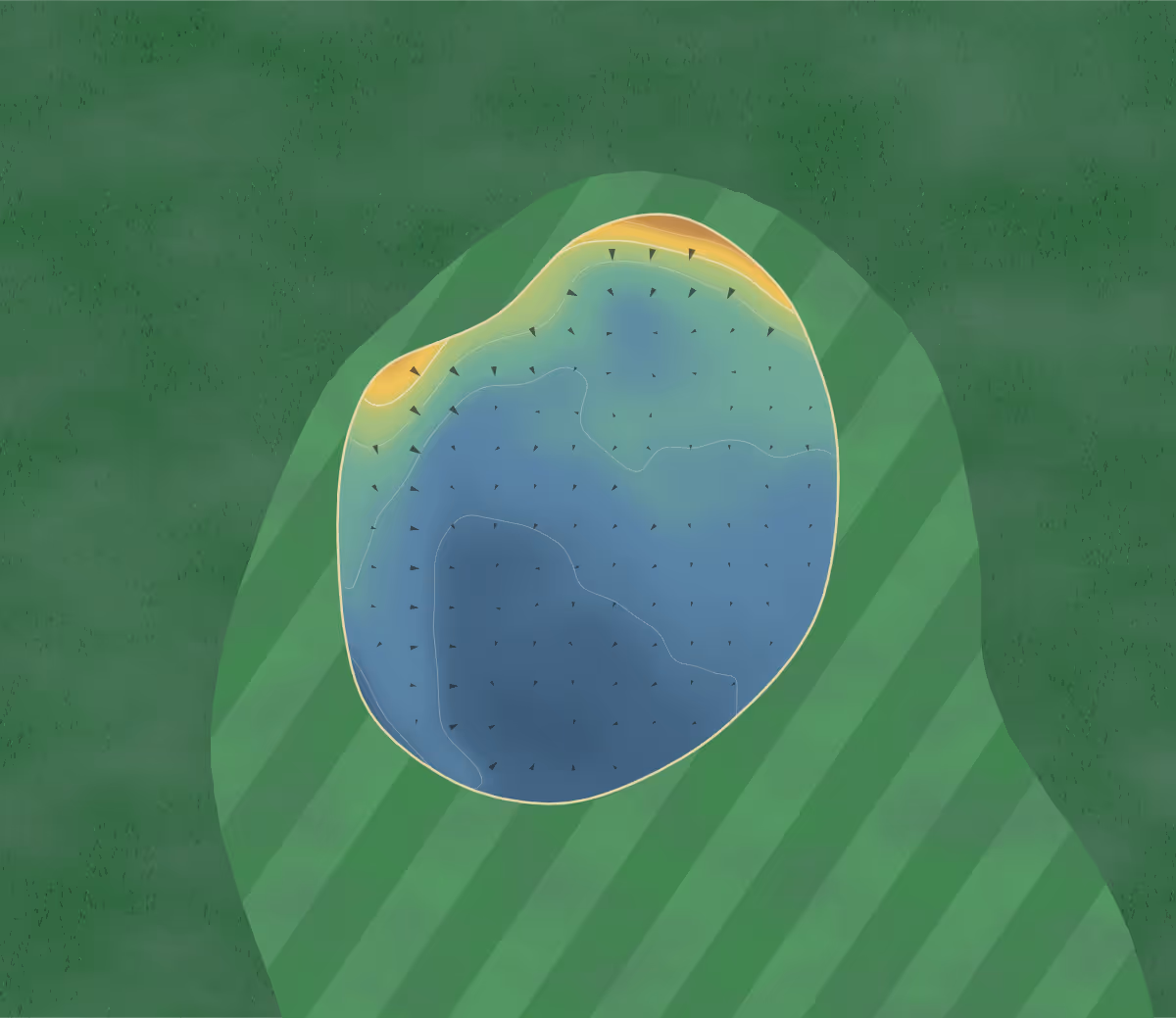 Green contour map of The Shamrock in Carman, Canada: 35 elevation contours at a 8-centimeter interval with fall-line arrows, traced from 1-meter lidar