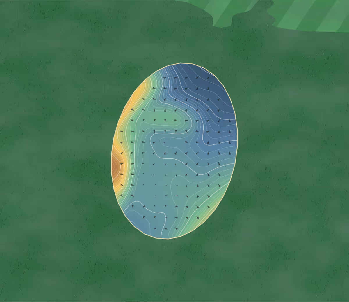 Green contour map of The Sisters At Penychain in Pwllheli, Wales: 3 elevation contours at a 8-centimeter interval with fall-line arrows, traced from 1-meter lidar