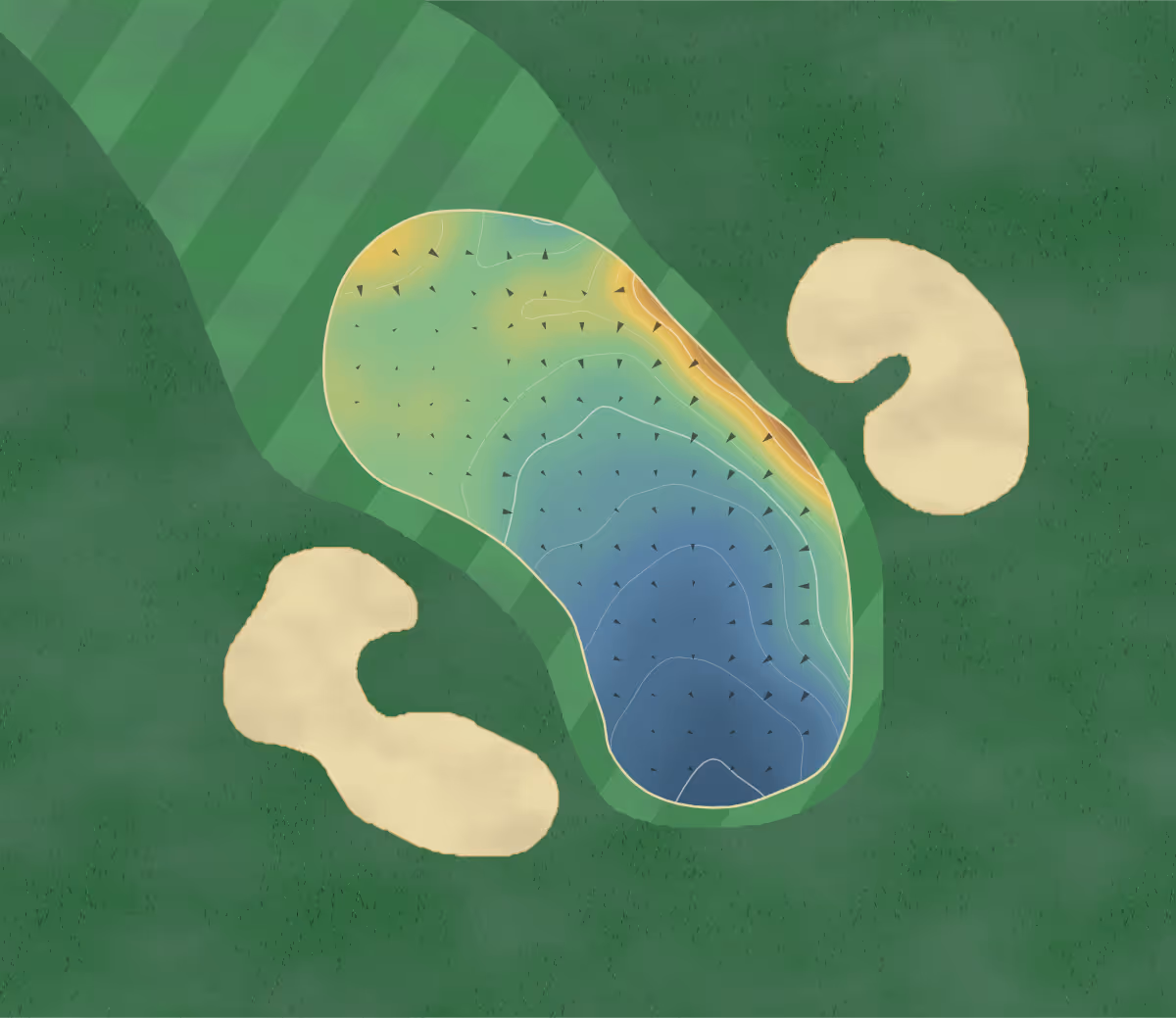 Green contour map of South Bucks in Slough, England — 65 elevation contours at a 8-centimeter interval with fall-line arrows, traced from 1-meter lidar