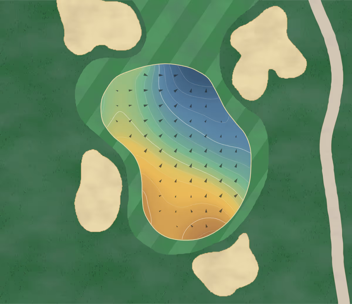 Green contour map of Springs Club in Rancho Mirage, California — 209 elevation contours at a 3-inch interval with fall-line arrows, traced from 1-meter lidar