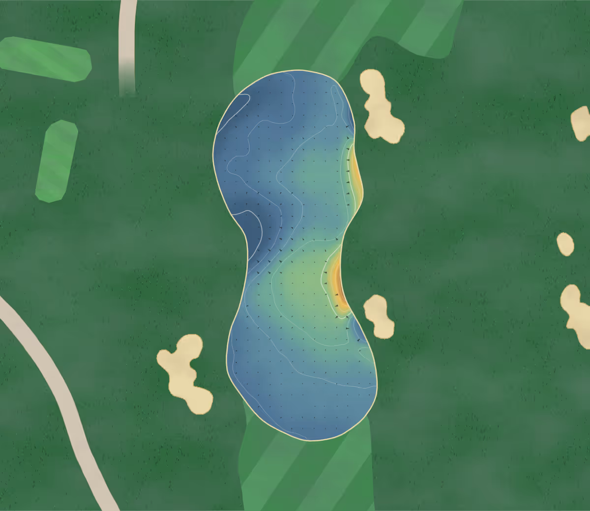 Green contour map of The Springs in Oxfordshire, England: 145 elevation contours at a 8-centimeter interval with fall-line arrows, traced from 1-meter lidar