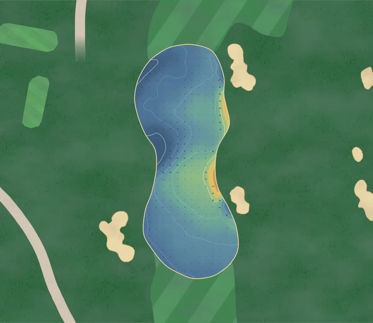 Green contour map of The Springs in Oxfordshire, England — 145 elevation contours at a 8-centimeter interval with fall-line arrows, traced from 1-meter lidar