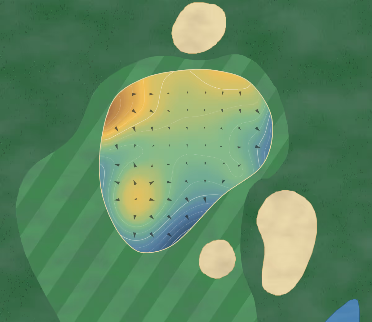 Green contour map of The St. Andrews in Delray Beach, Florida: 77 elevation contours at a 3-inch interval with fall-line arrows, traced from 1-meter lidar