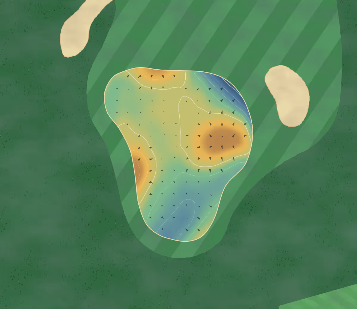Green contour map of The Suffolk in Bury St Edmunds, England: 99 elevation contours at a 8-centimeter interval with fall-line arrows, traced from 1-meter lidar