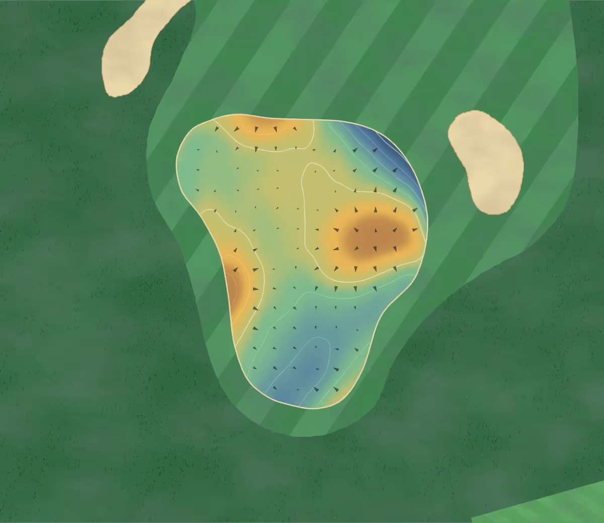 Green contour map of The Suffolk in Bury St Edmunds, England — 99 elevation contours at a 8-centimeter interval with fall-line arrows, traced from 1-meter lidar