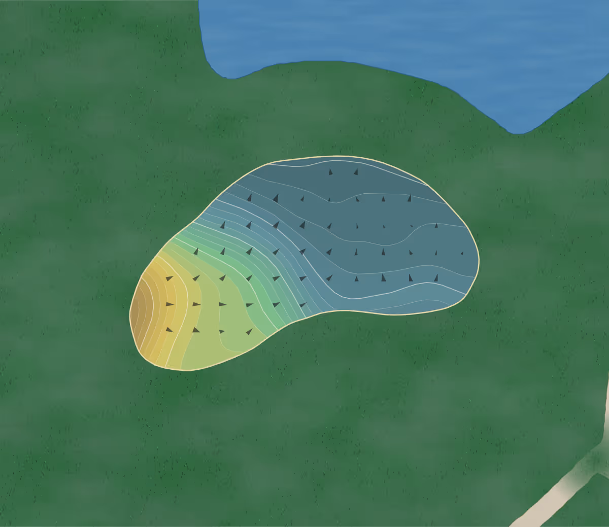 Green contour map of The Tamaracks in Michigan, United States — 197 elevation contours at a 3-inch interval with fall-line arrows, traced from 1-meter lidar