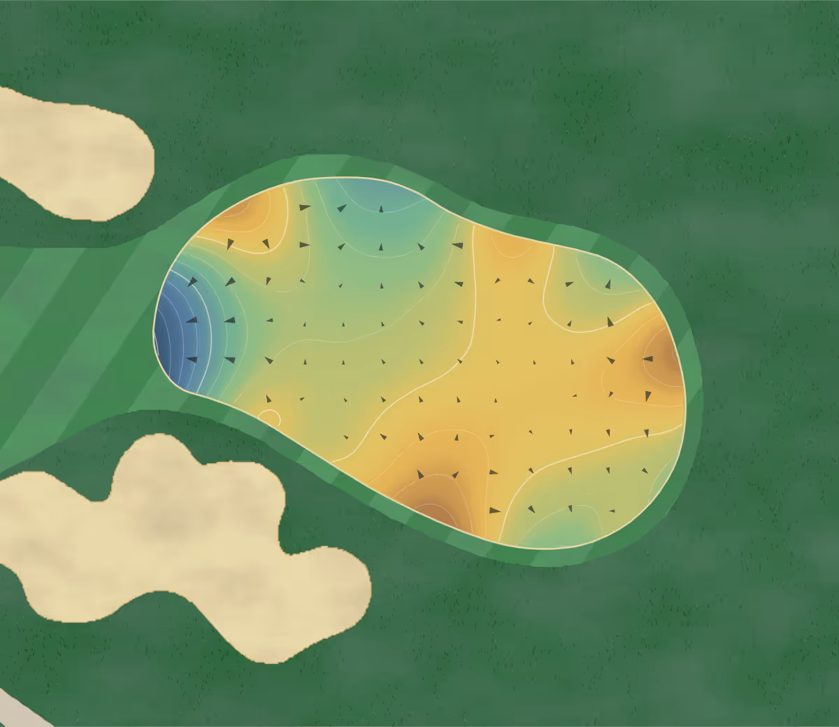 Green contour map of Tesoro Club in Port St. Lucie, Florida — 21 elevation contours at a 3-inch interval with fall-line arrows, traced from 1-meter lidar