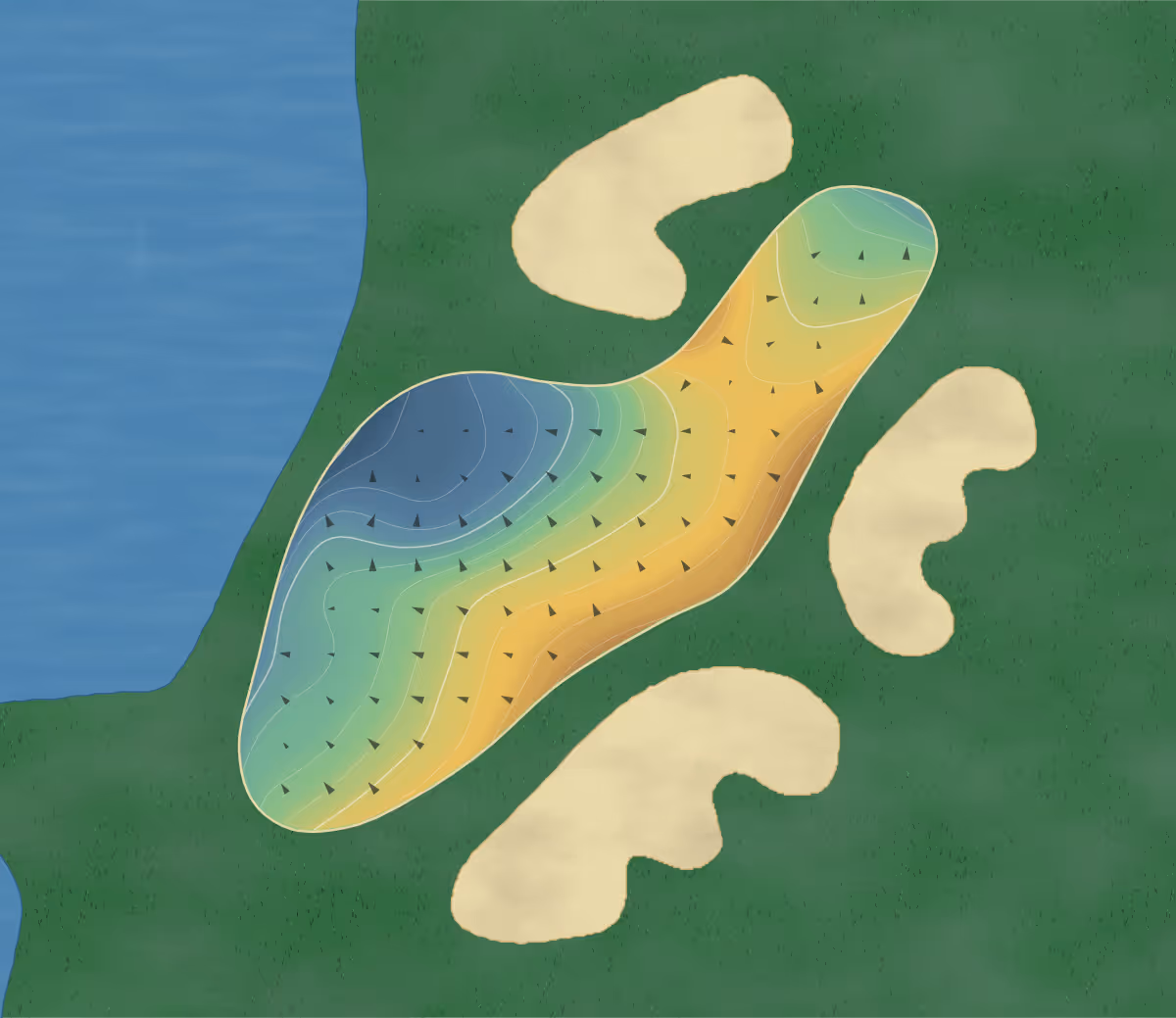 Green contour map of Tournament Course in Conroe, Texas — 156 elevation contours at a 3-inch interval with fall-line arrows, traced from 1-meter lidar