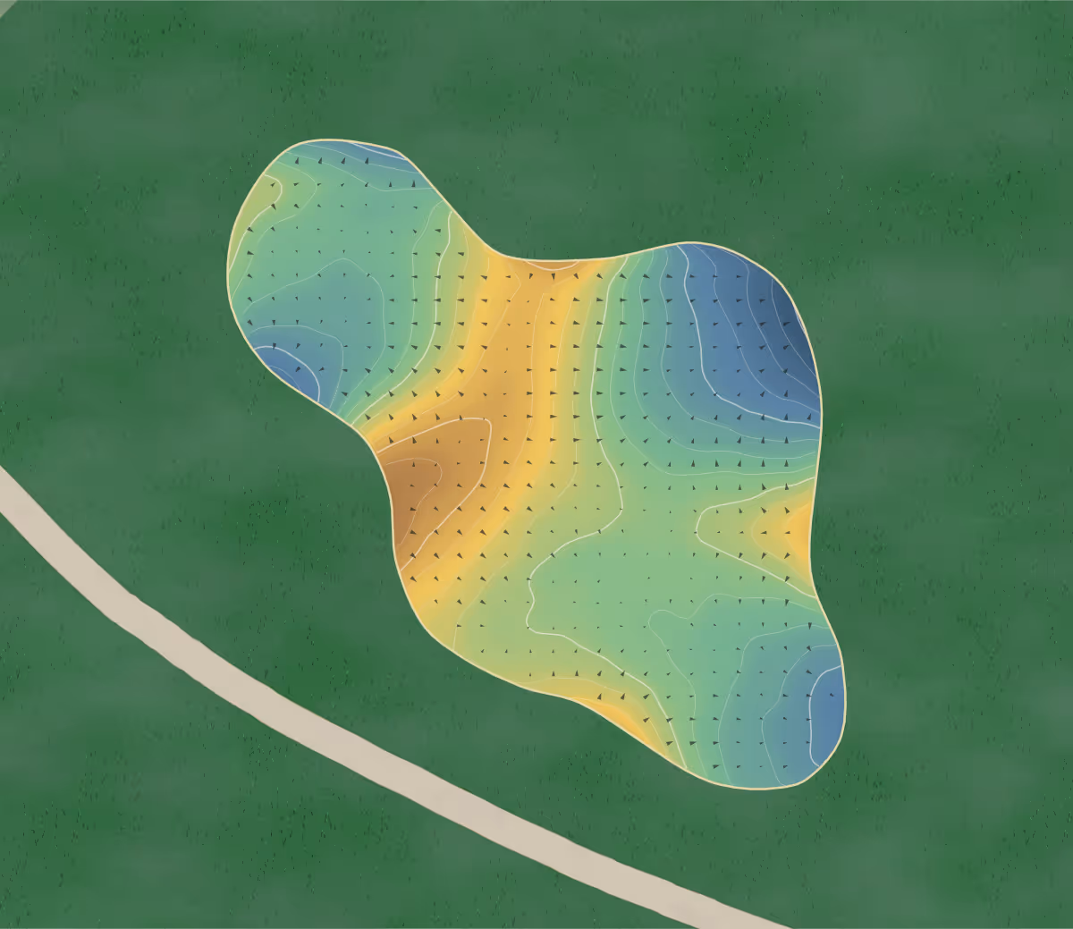Green contour map of The Track in Langdon, Canada: 166 elevation contours at a 8-centimeter interval with fall-line arrows, traced from 1-meter lidar