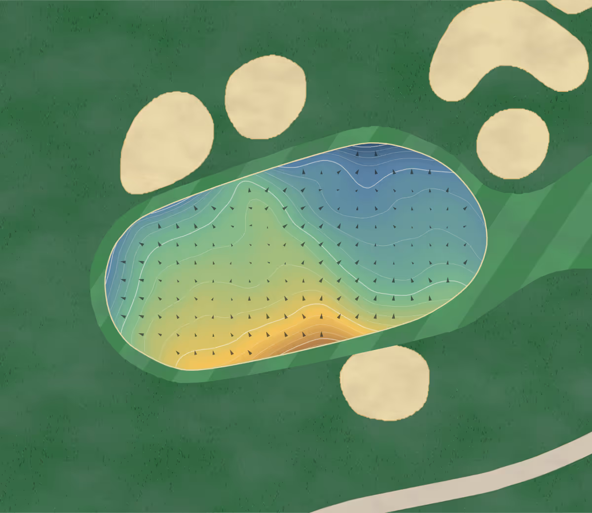 Green contour map of Twenty Ten Course in Newport, United Kingdom — 213 elevation contours at a 8-centimeter interval with fall-line arrows, traced from 1-meter lidar