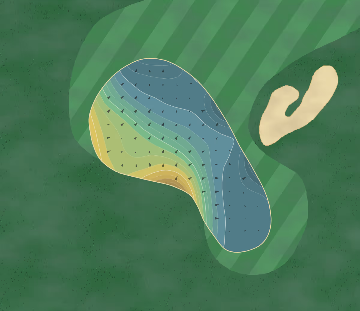 Green contour map of Vintage Club in Indian Wells, California — 245 elevation contours at a 3-inch interval with fall-line arrows, traced from 1-meter lidar