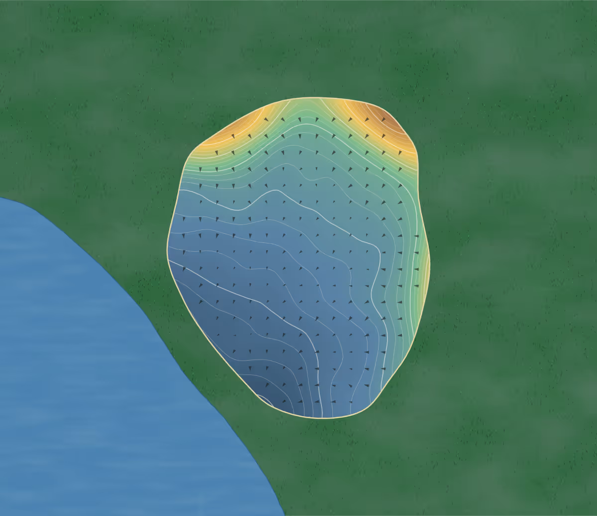 Green contour map of The Warwickshire in Warwick, England: 308 elevation contours at a 8-centimeter interval with fall-line arrows, traced from 1-meter lidar
