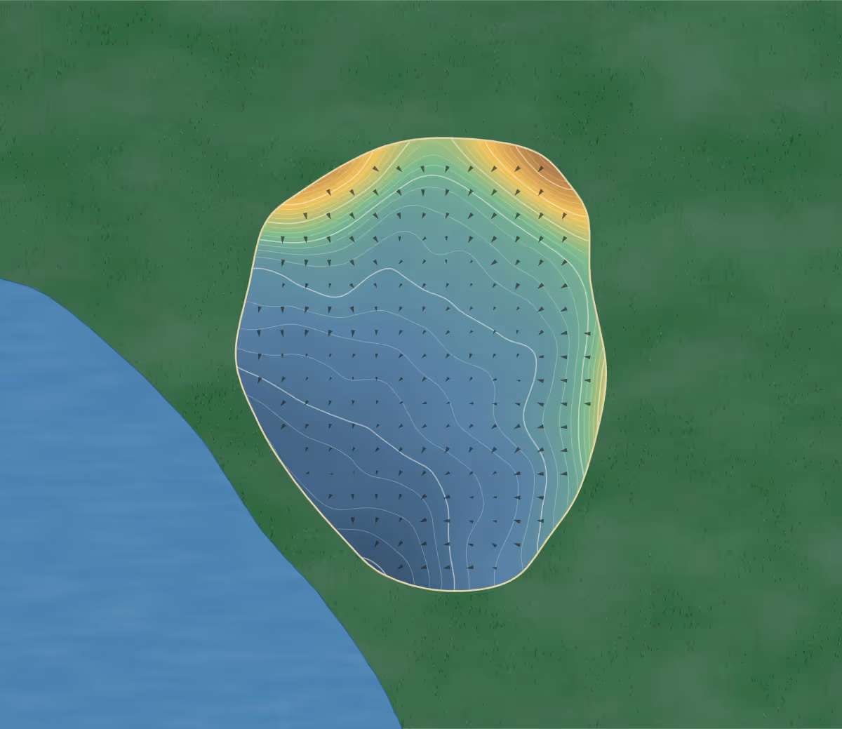 Green contour map of The Warwickshire in Warwick, England — 308 elevation contours at a 8-centimeter interval with fall-line arrows, traced from 1-meter lidar