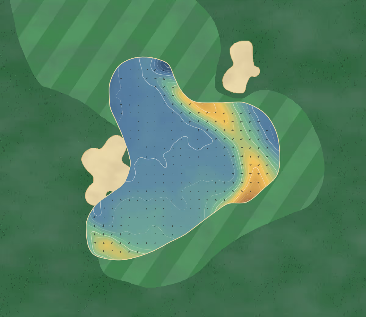 Green contour map of The Wee Course in Cupar, Scotland: 313 elevation contours at a 8-centimeter interval with fall-line arrows, traced from 1-meter lidar