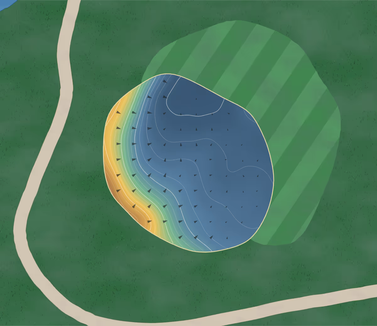 Green contour map of The Willow's in Hamilton, Canada: 29 elevation contours at a 8-centimeter interval with fall-line arrows, traced from 1-meter lidar