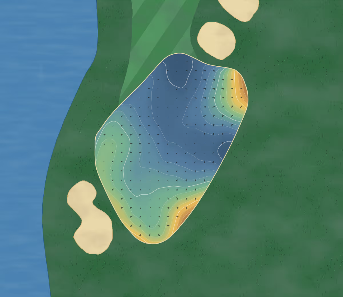 Green contour map of The Wisley in Ripley, England: 335 elevation contours at a 8-centimeter interval with fall-line arrows, traced from 1-meter lidar