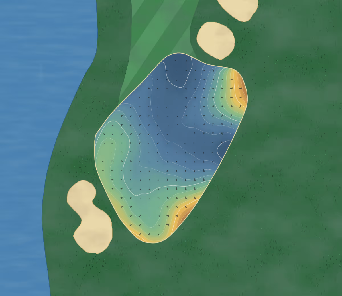 Green contour map of Wisley in Ripley, England — 241 elevation contours at a 8-centimeter interval with fall-line arrows, traced from 1-meter lidar